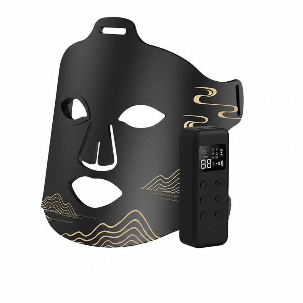 Black face mask with digital display on a white background