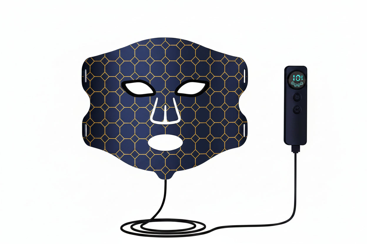 Blue light therapy mask with specifications on a beige background