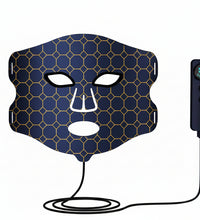 Blue light therapy mask with specifications on a beige background