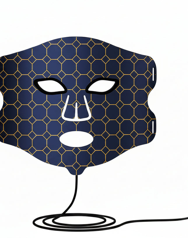 Blue light therapy mask with specifications on a beige background