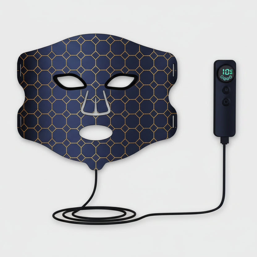 Facial mask with honeycomb pattern and digital controller on a white background