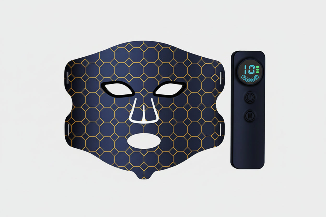 Facial mask with honeycomb pattern and remote control on a white background