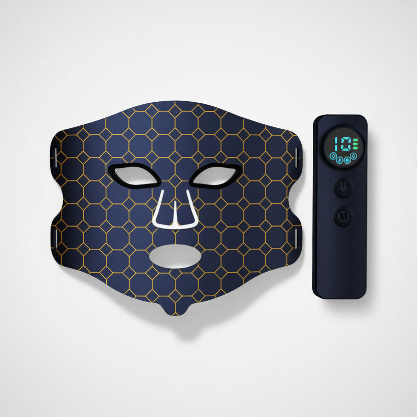 Facial mask with honeycomb pattern and remote control on a white background