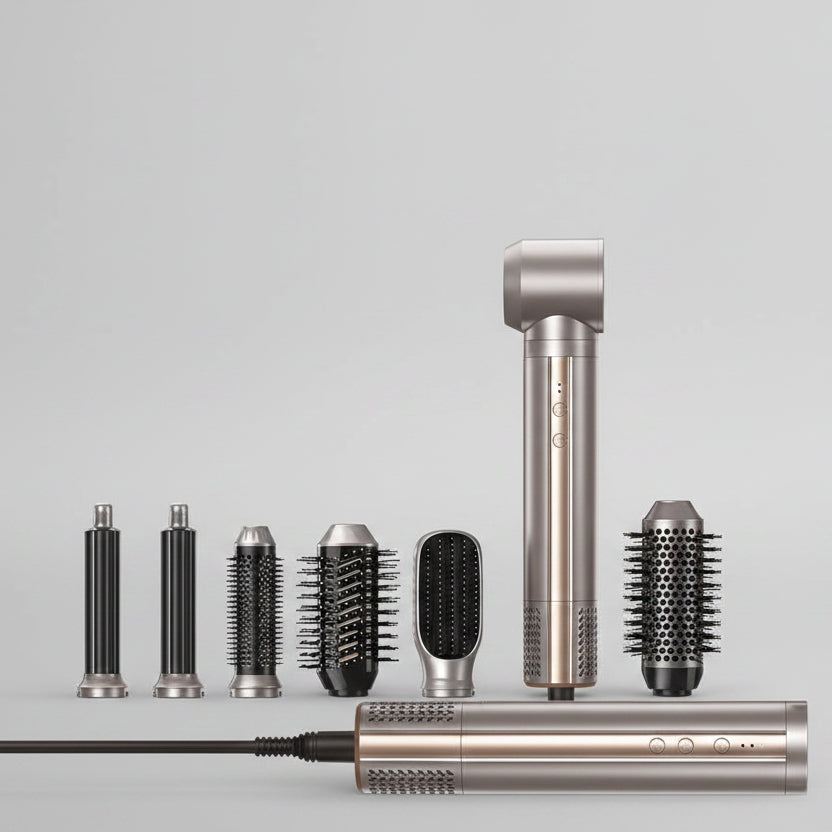 Woman using a hair styling tool with multiple attachments and text indicating 6-in-1 functionality.