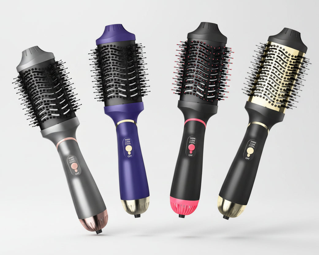 Set of four hair styling tools with different color handles on a geometric background