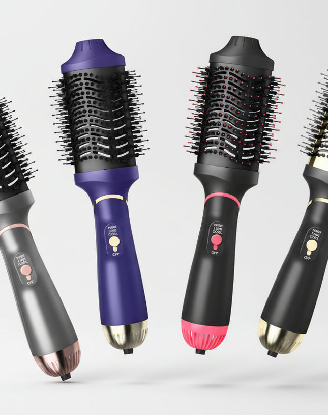 Set of four hair styling tools with different color handles on a geometric background