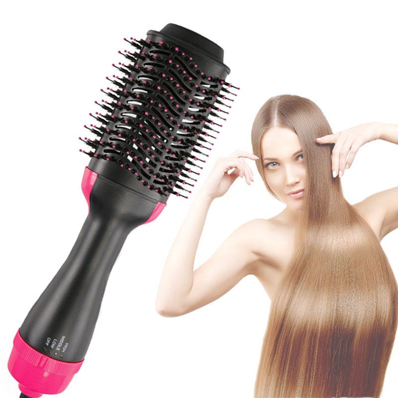 Hair styling tool with a woman using it to style her hair on a white background