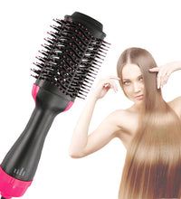 Hair styling tool with a woman using it to style her hair on a white background