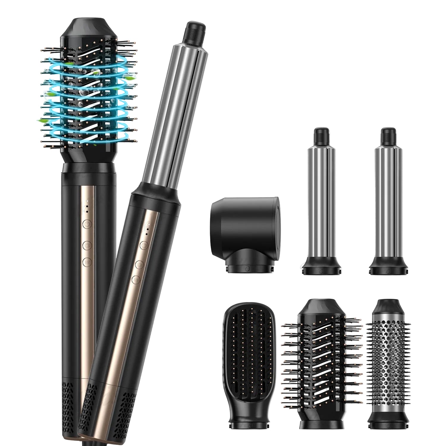 Hair styling tool with multiple attachments on a white background