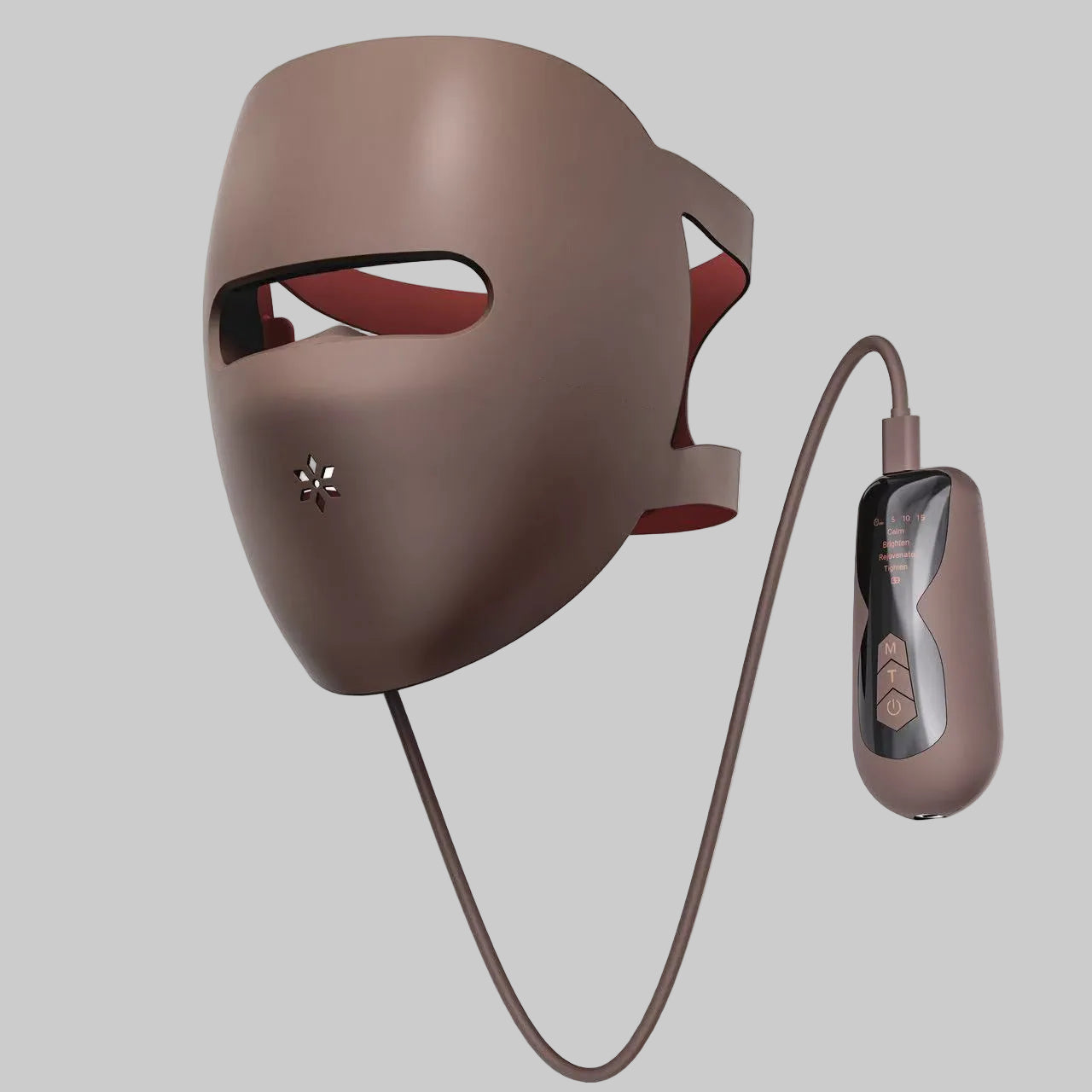 Brown LED face mask with remote control on a white background