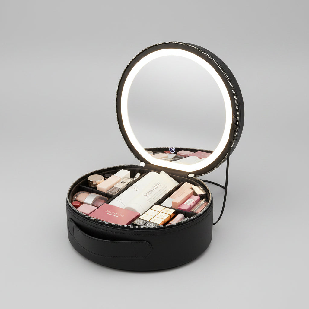 Interior view of the makeup bag showing organized cosmetics and adjustable partitions