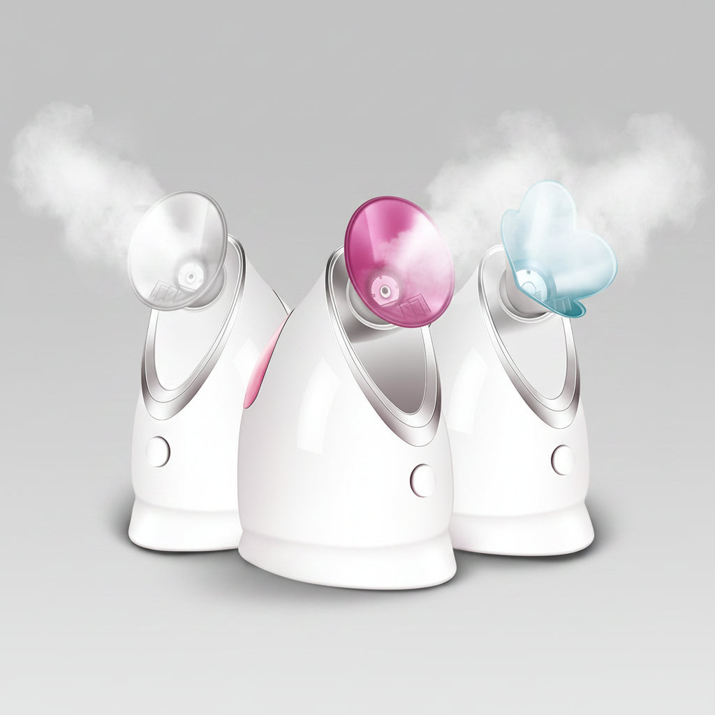 Three facial steamer devices with color-changing nozzles on a pink background.