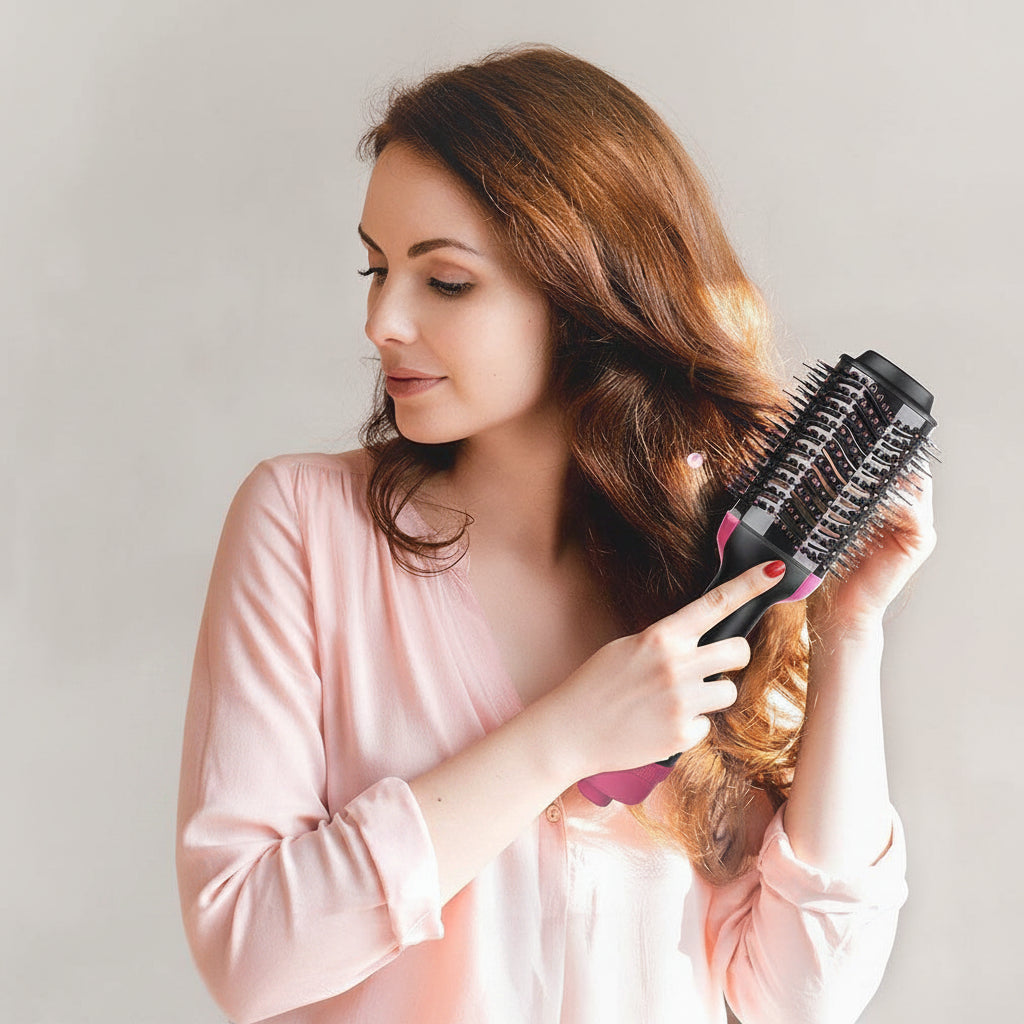 Woman using a hairbrush with text about ionic technology on a light pink background