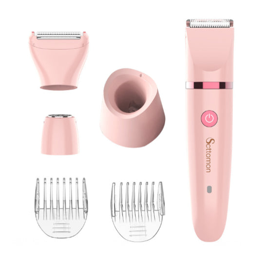 Infographic showing the Type-C smart charging and base storage features of the electric shaver.