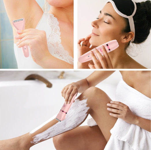The sleek ergonomic handle of the pink lady shaver featuring the power button and brand logo.