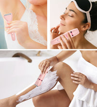 The sleek ergonomic handle of the pink lady shaver featuring the power button and brand logo.