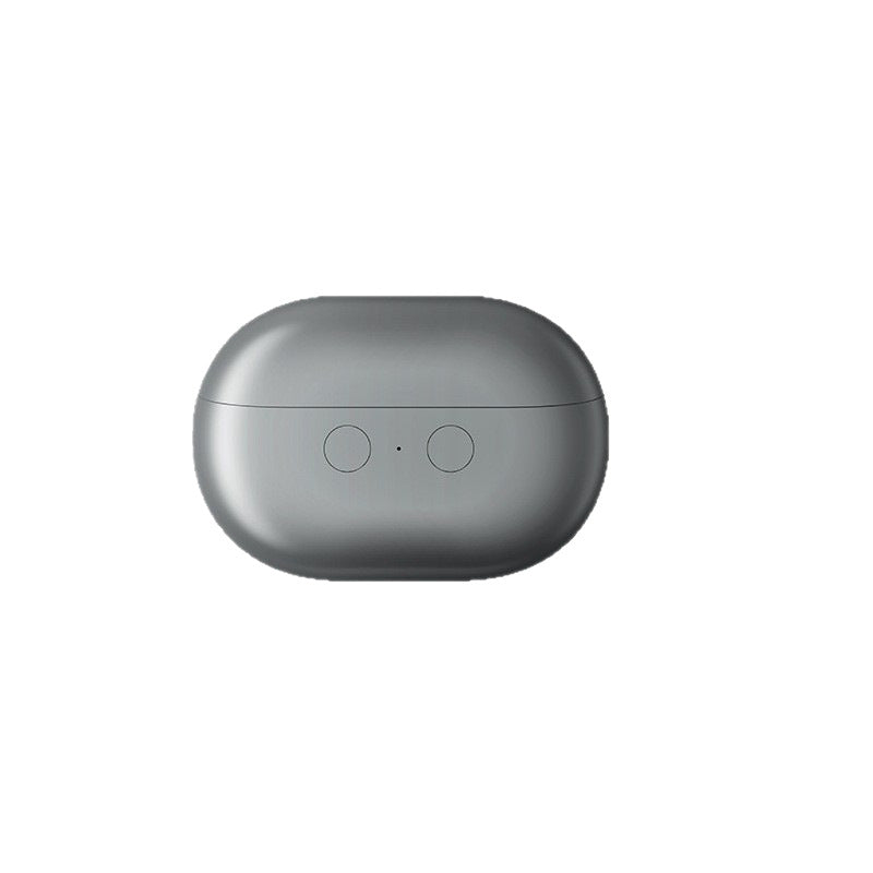 Gray wireless earbud case with two buttons on a white background