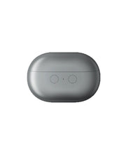 Gray wireless earbud case with two buttons on a white background