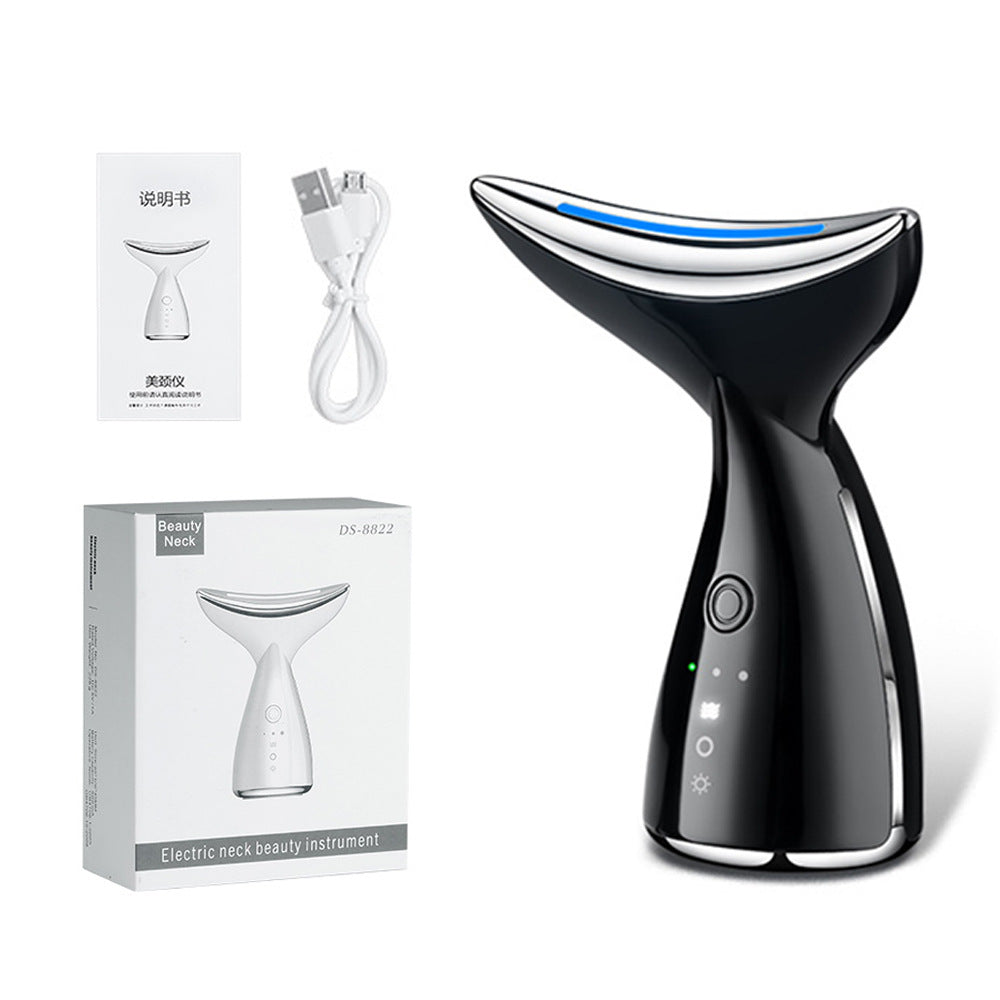 A professional neck massager showing the 3-color LED light therapy mode for skin rejuvenation.