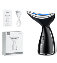 A professional neck massager showing the 3-color LED light therapy mode for skin rejuvenation.