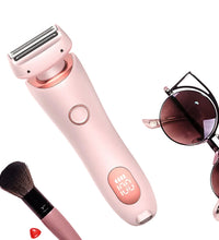 Professional pink 2-in-1 women's electric shaver with two interchangeable trimmer heads.