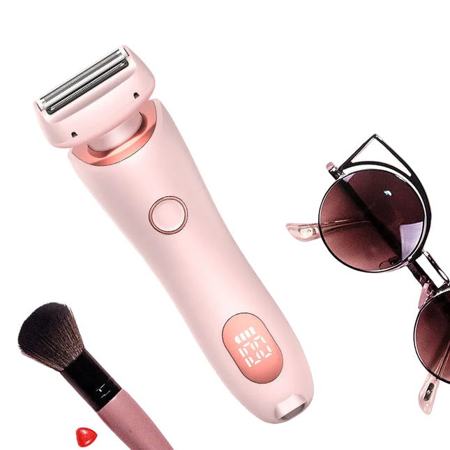 Professional pink 2-in-1 women's electric shaver with two interchangeable trimmer heads.
