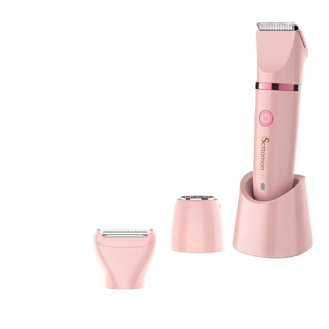 A premium pink 3-in-1 women's multi-function grooming trimmer standing in its charging base.