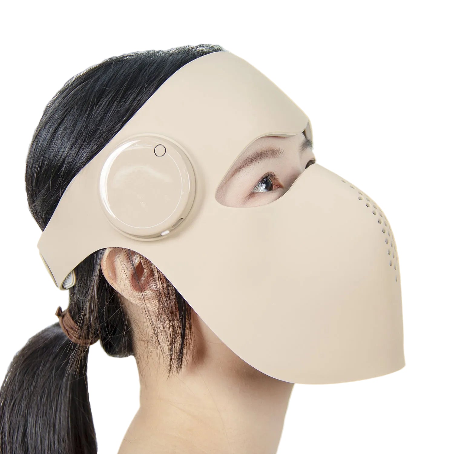 Woman relaxing while wearing the red LED skin rejuvenation mask