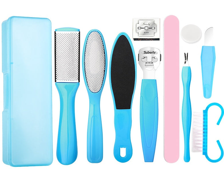 Set of pedicure tools including a file, buffer, and other care items with a blue case on a white background.