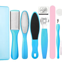 Set of pedicure tools including a file, buffer, and other care items with a blue case on a white background.