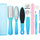 Set of pedicure tools including a file, buffer, and other care items with a blue case on a white background.