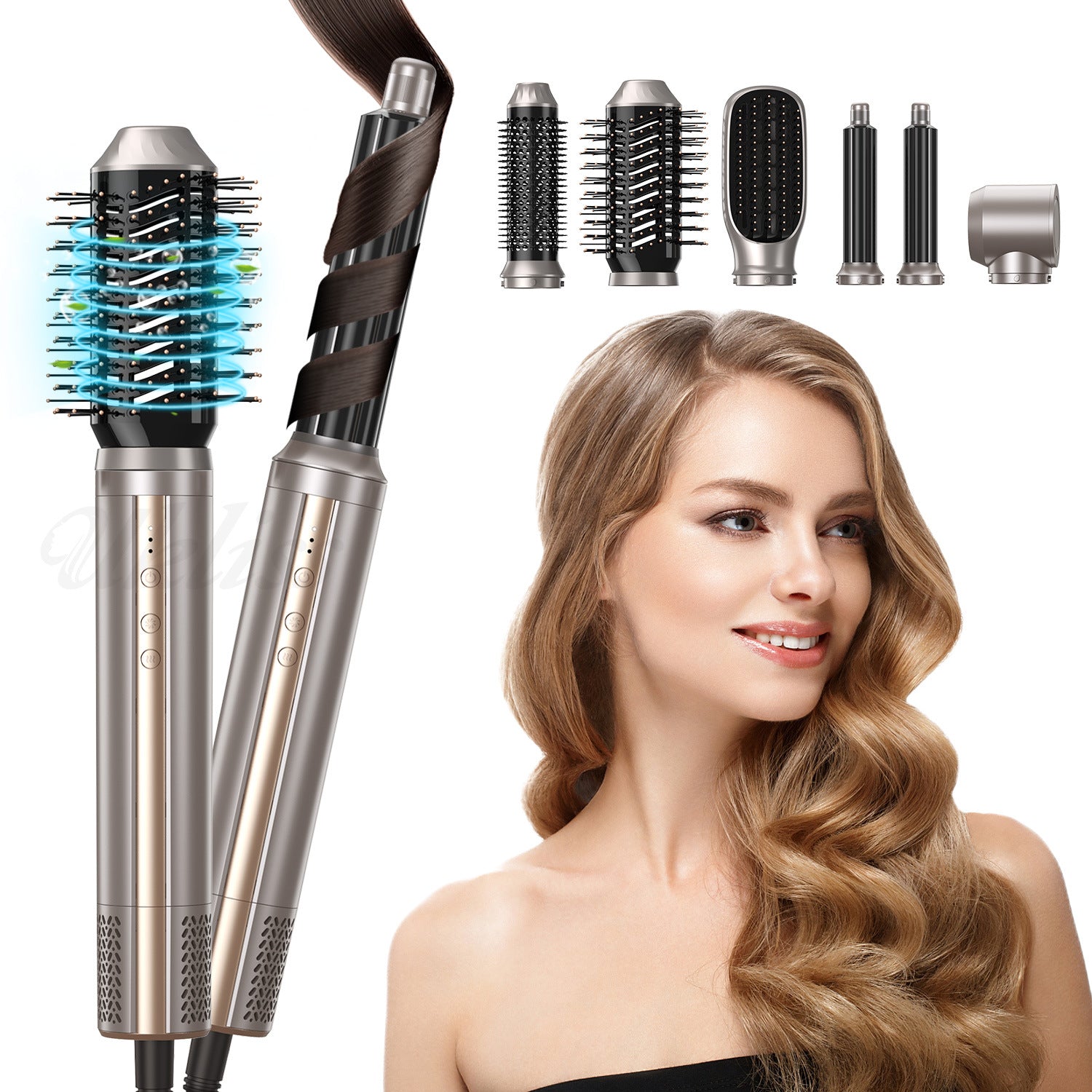Hair styling tool with interchangeable nozzles and a woman with styled hair on a white background