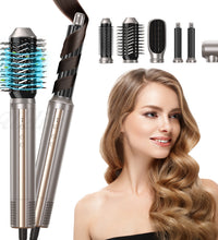 Hair styling tool with interchangeable nozzles and a woman with styled hair on a white background