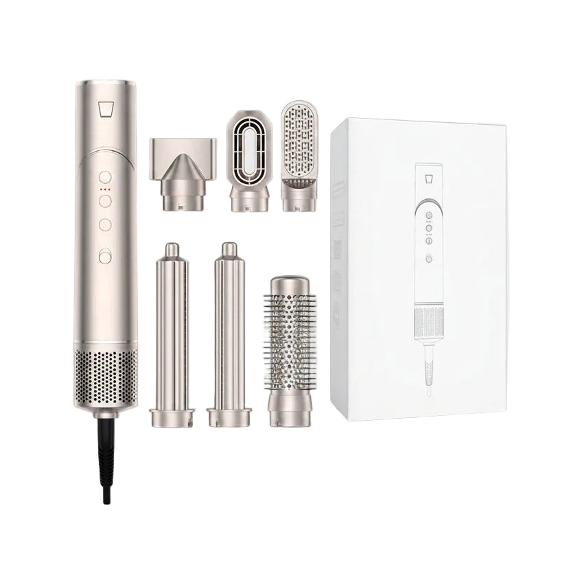 Hair styling tool with multiple attachments and packaging on a white background