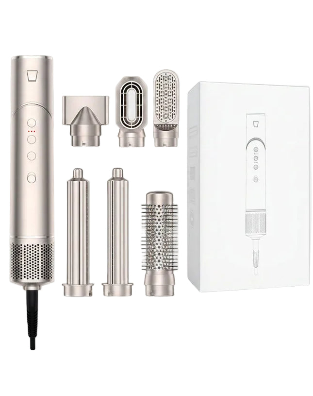 Hair styling tool with multiple attachments and packaging on a white background