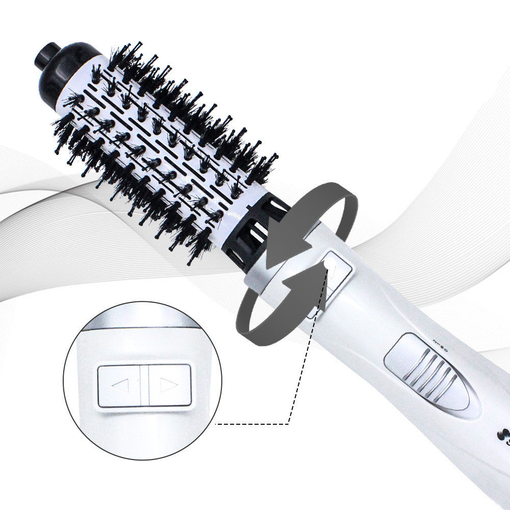Hot air brush featuring a rotating barrel with soft bristles for effortless hair styling.