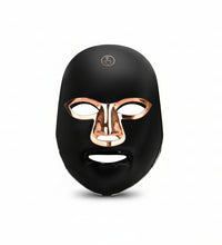 Black mask with rose gold accents on a white background