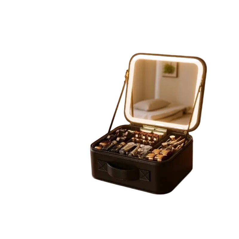 Premium gold quilted makeup travel case with illuminated LED vanity mirror