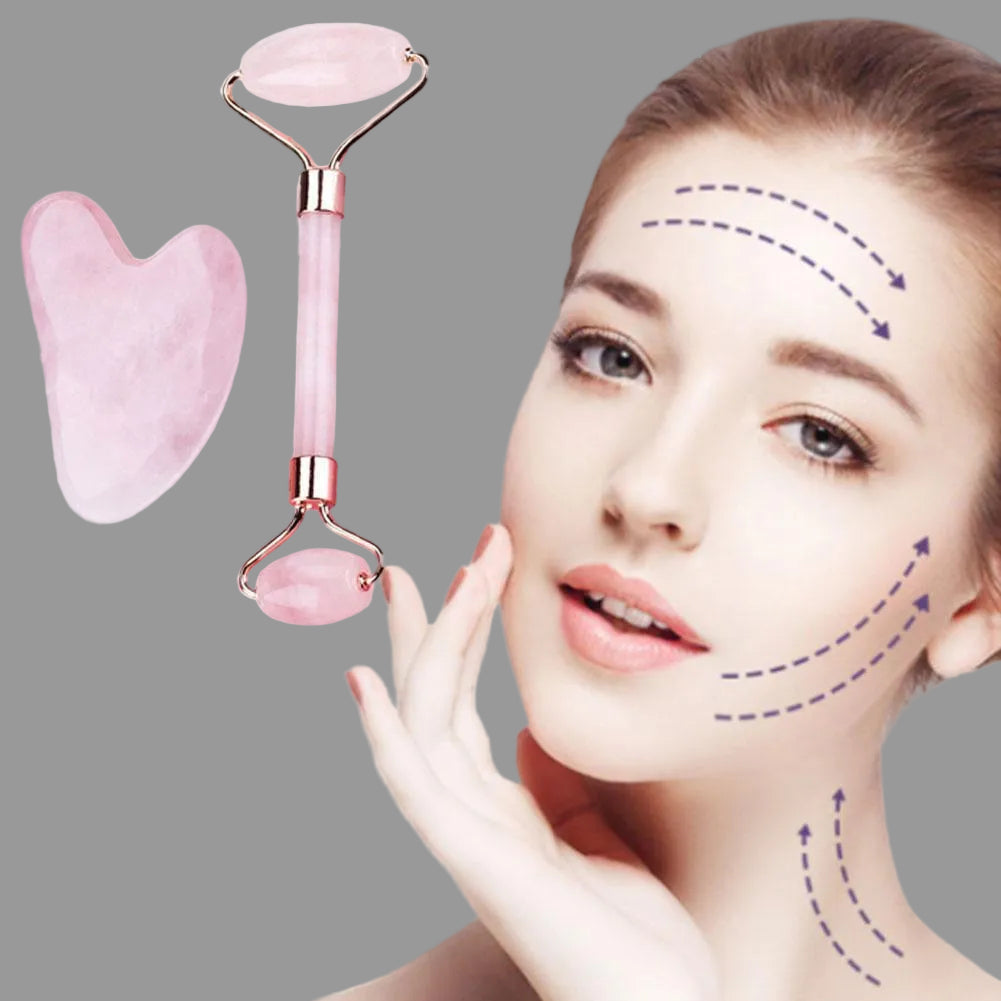 Facial roller, gua sha tool, and pink stone with a woman applying them to her face.