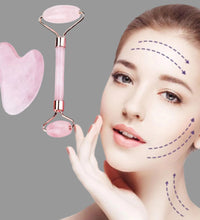 Facial roller, gua sha tool, and pink stone with a woman applying them to her face.