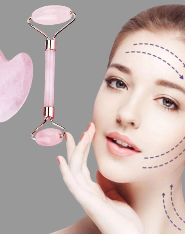 Facial roller, gua sha tool, and pink stone with a woman applying them to her face.