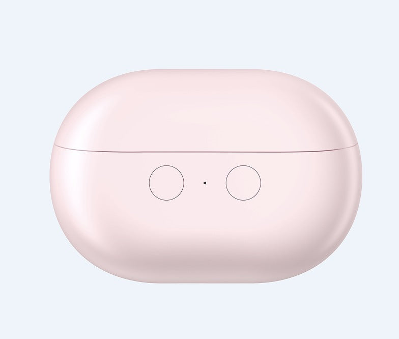 Pink wireless earbuds case on a light gray background