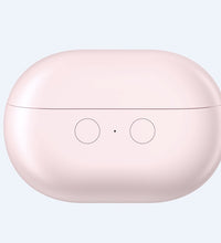 Pink wireless earbuds case on a light gray background