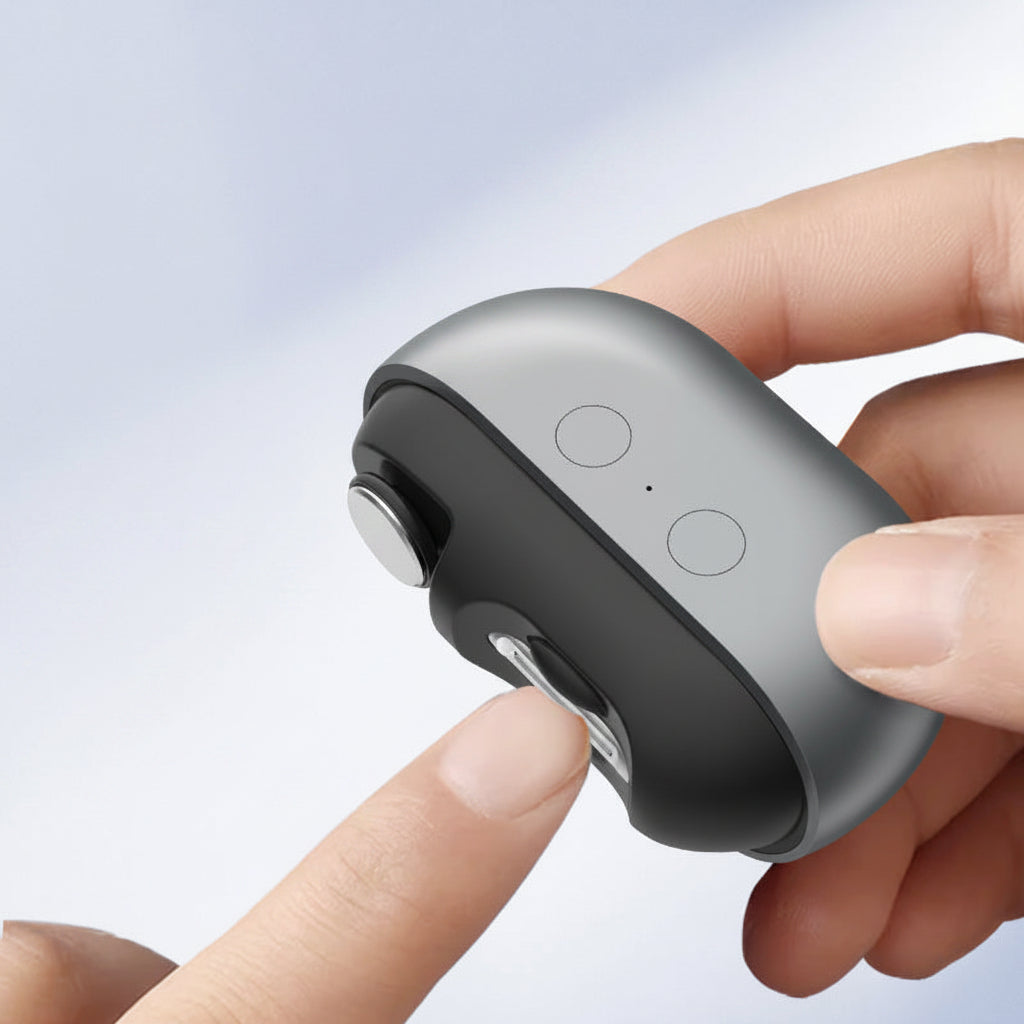 Multifunctional electric nail clippers being held with a hand, on a light blue background.