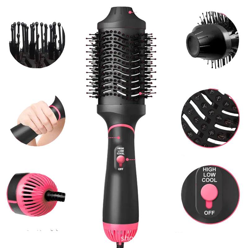 Hair styling tool with features highlighted on a white background