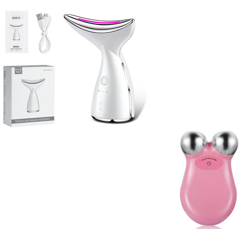 A professional neck massager showing the 3-color LED light therapy mode for skin rejuvenation.