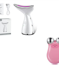 A professional neck massager showing the 3-color LED light therapy mode for skin rejuvenation.