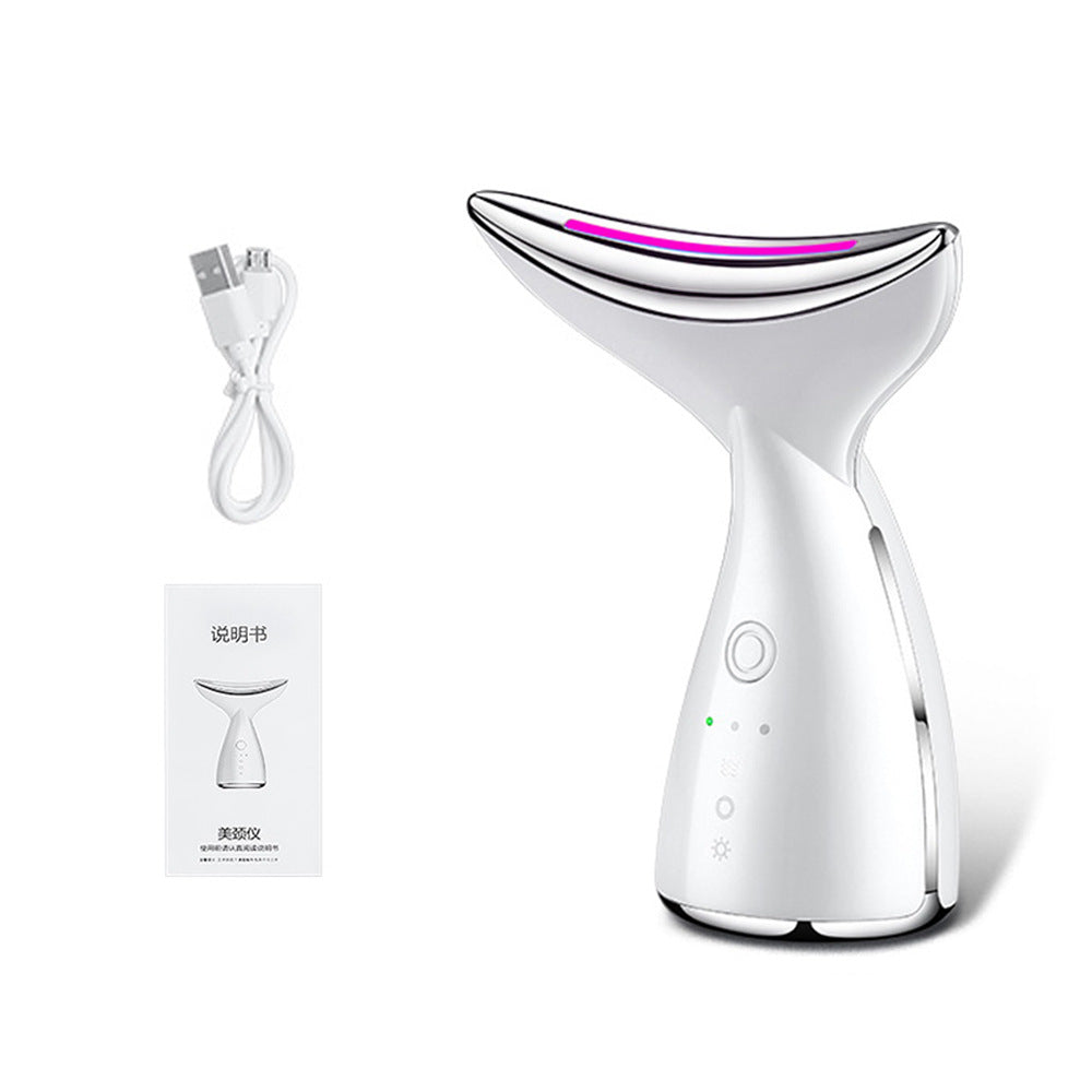 A professional neck massager showing the 3-color LED light therapy mode for skin rejuvenation.