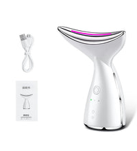 A professional neck massager showing the 3-color LED light therapy mode for skin rejuvenation.