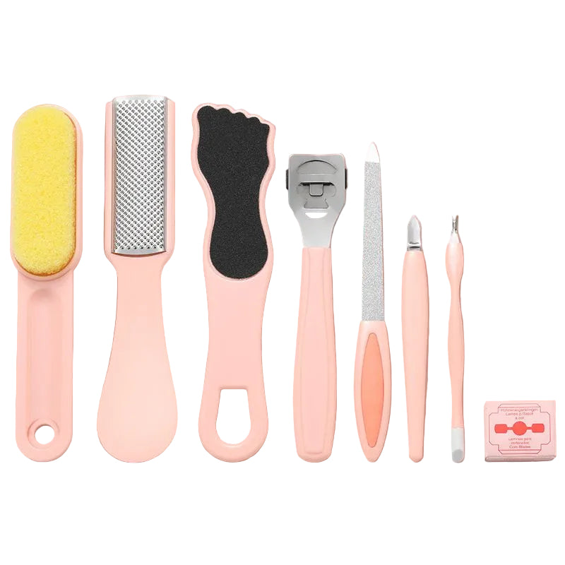 Set of foot care tools on a pink background